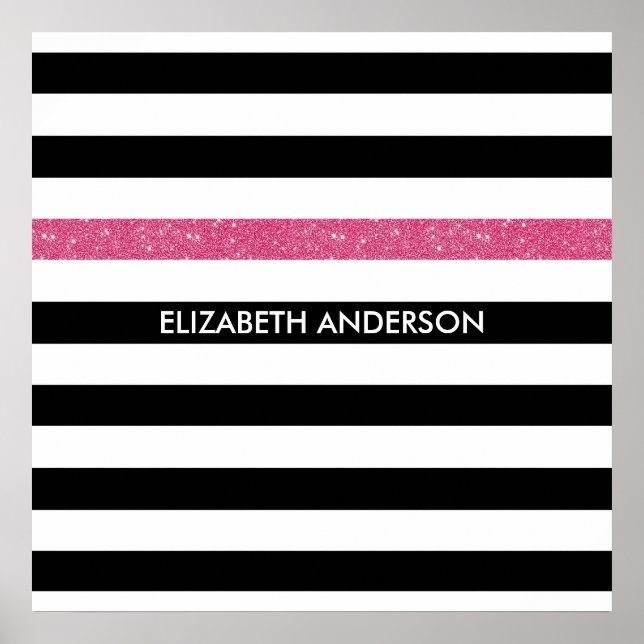 Modern Black Stripes FAUX Pink Glitz and Name Poster (Front)