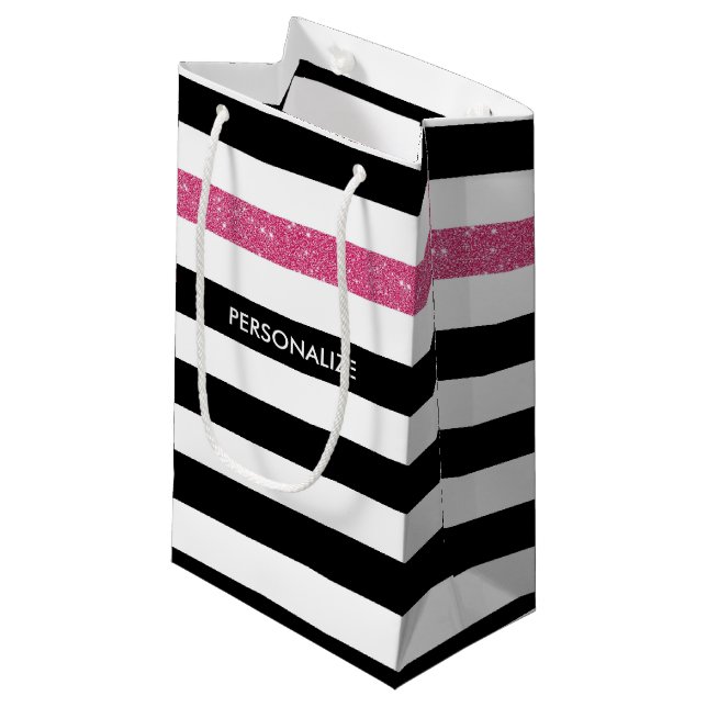 Modern Black Stripes FAUX Pink Glitz and Name Small Gift Bag (Front Angled)
