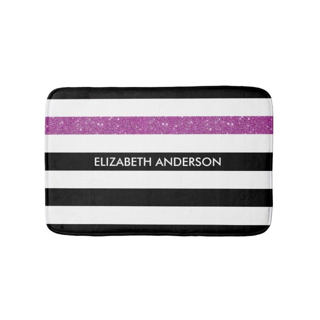 Modern Black Stripes FAUX Purple Glitz and Name Bath Mat (Front)