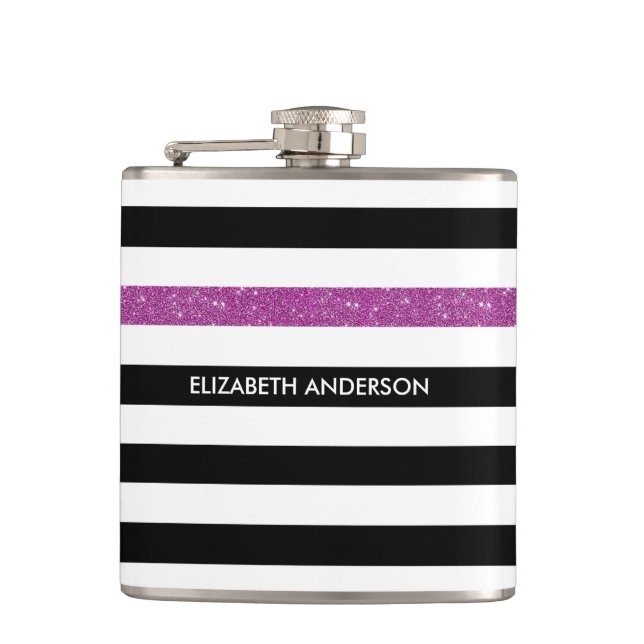 Modern Black Stripes FAUX Purple Glitz and Name Hip Flask (Front)