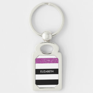 Modern Black Stripes FAUX Purple Glitz and Name Key Ring