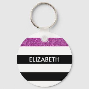 Modern Black Stripes FAUX Purple Glitz and Name Key Ring