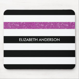 Modern Black Stripes FAUX Purple Glitz and Name Mouse Mat