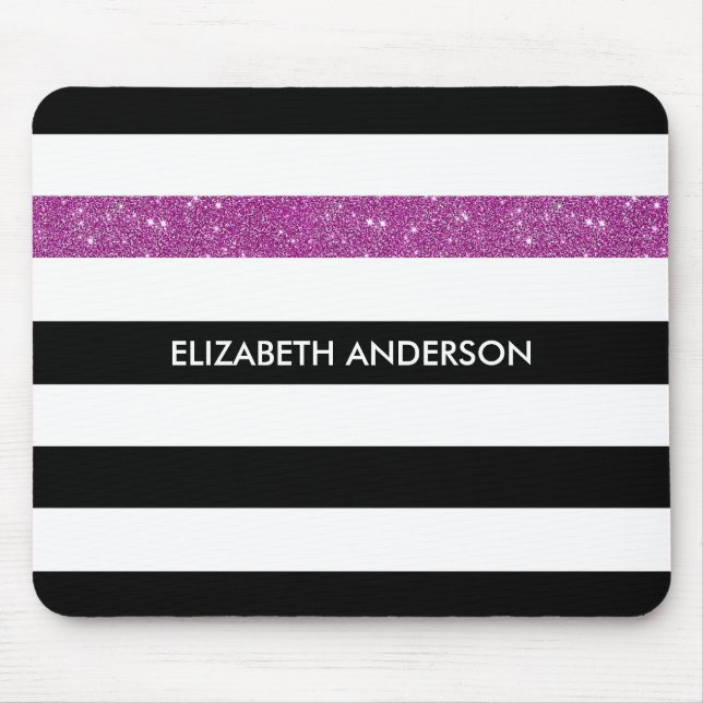 Modern Black Stripes FAUX Purple Glitz and Name Mouse Mat (Front)