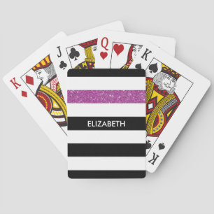 Modern Black Stripes FAUX Purple Glitz and Name Playing Cards