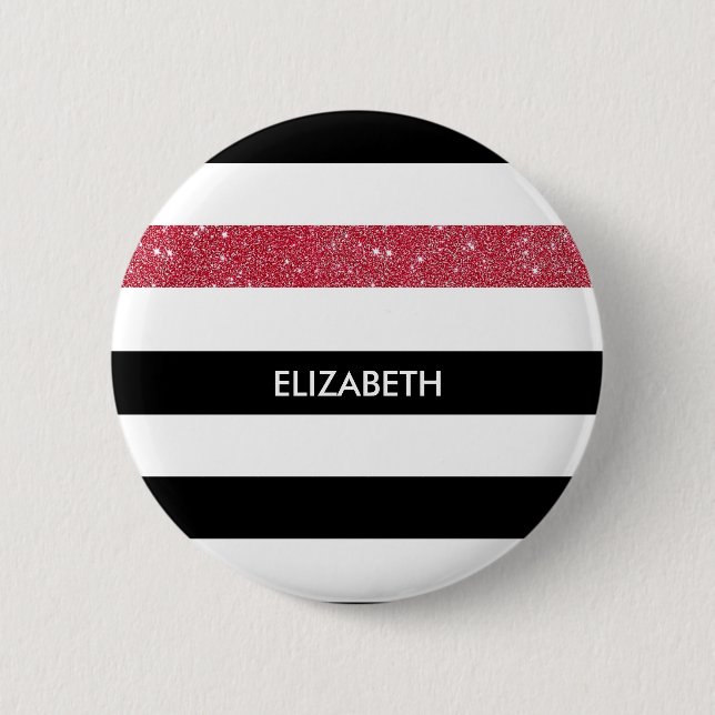 Modern Black Stripes FAUX Red Glitz and Name 6 Cm Round Badge (Front)