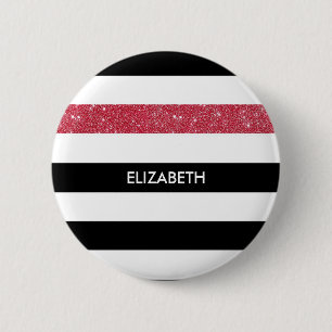 Modern Black Stripes FAUX Red Glitz and Name 6 Cm Round Badge