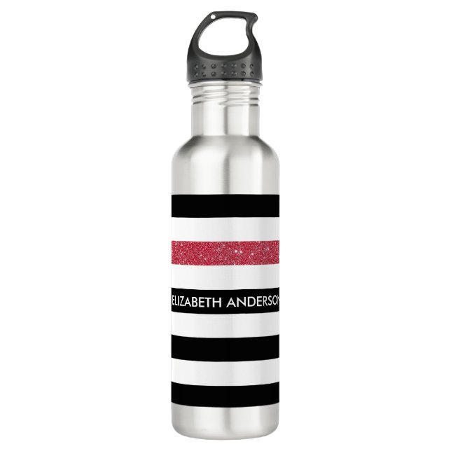 Modern Black Stripes FAUX Red Glitz and Name 710 Ml Water Bottle (Front)
