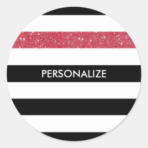 Modern Black Stripes FAUX Red Glitz and Name Classic Round Sticker