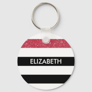 Modern Black Stripes FAUX Red Glitz and Name Key Ring