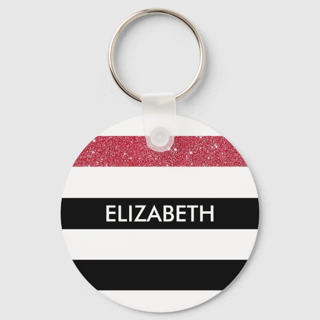 Modern Black Stripes FAUX Red Glitz and Name Key Ring (Front)