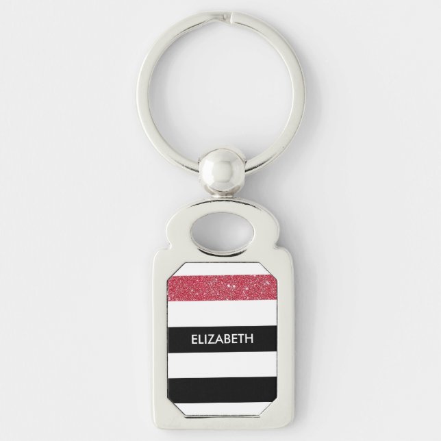 Modern Black Stripes FAUX Red Glitz and Name Key Ring (Front)