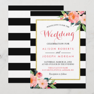 Modern Black Stripes Floral Wedding Celebration Invitation