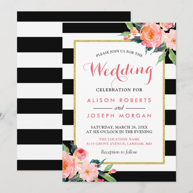 Modern Black Stripes Floral Wedding Celebration Invitation (Front/Back)