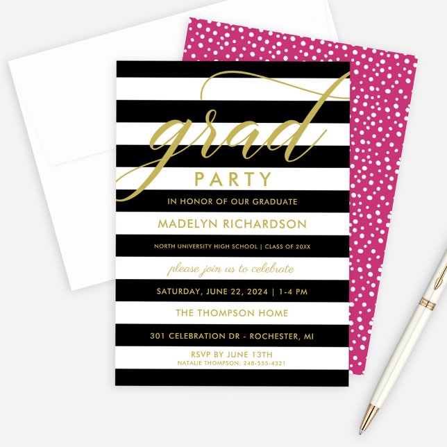 Modern Black Stripes Gold Custom Grad Party Invitation (Creator Uploaded)
