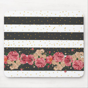 Modern black stripes gold faux glitter floral mouse mat