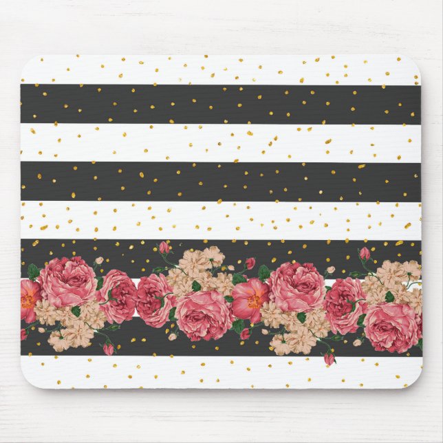 Modern black stripes gold faux glitter floral mouse mat (Front)
