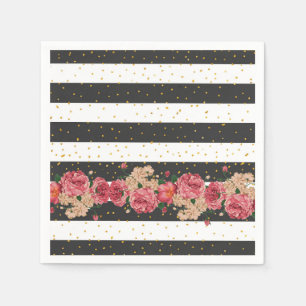 Modern black stripes gold faux glitter floral napkin