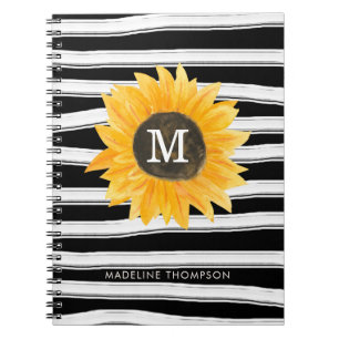 Modern Black Stripes Sunflower Monogram Spiral Notebook