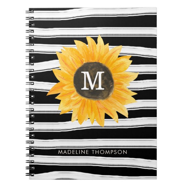 Modern Black Stripes Sunflower Monogram Spiral Notebook (Front)