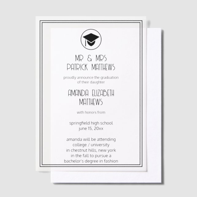 Modern Black Stylised Font Simple Graduation Vellum Invitations (Offset)