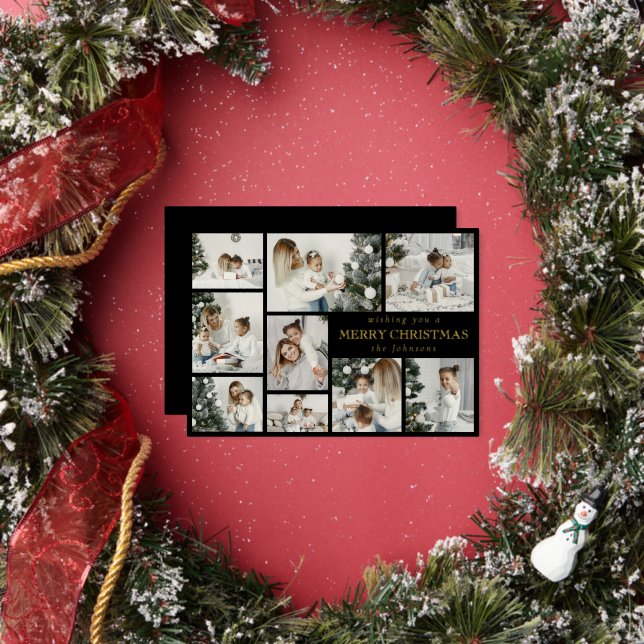 Modern Black Stylish Multi Photo Grid Holiday Card (Insitu)