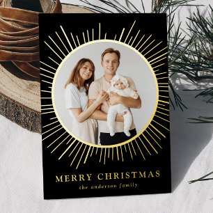 Modern Black Sunburst Merry Christmas 2 Photo Foil Holiday Card