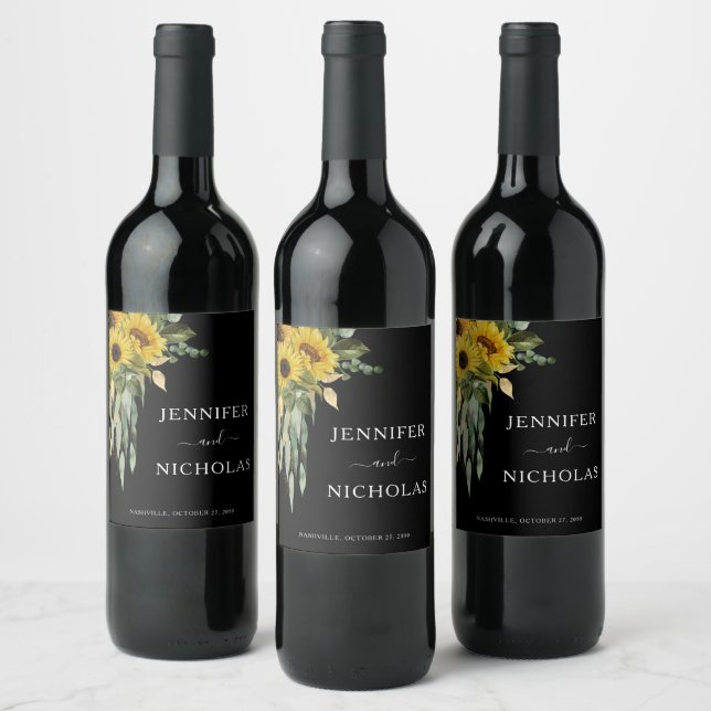 Modern Black Sunflower Black Wedding  Wine Label (Bottles)