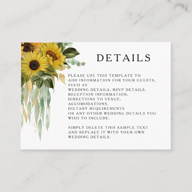Modern Black Sunflower Wedding Details  Enclosure Card (Front)