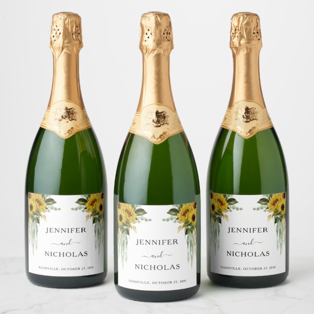 Modern Black Sunflower Wedding  Sparkling Wine Label (Bottles)