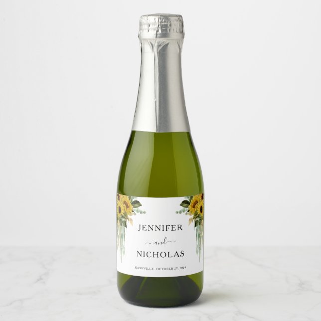 Modern Black Sunflower Wedding  Sparkling Wine Label (Front)