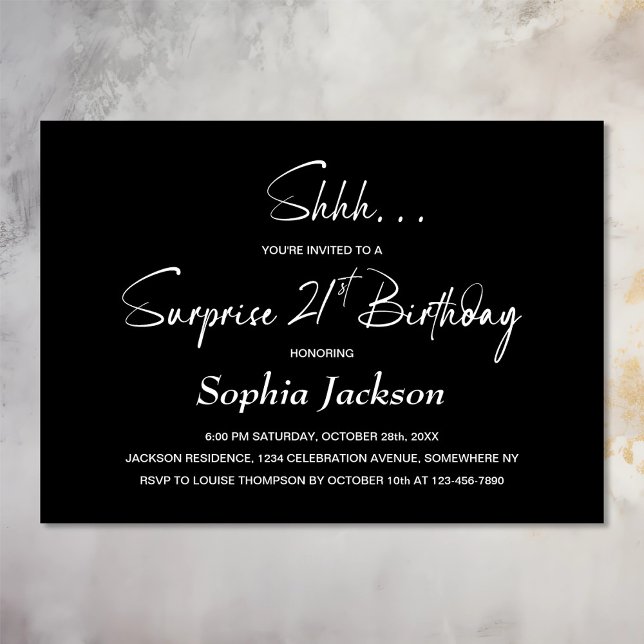 Modern Black Surprise 21st Birthday Party Invitation (Creator Uploaded)