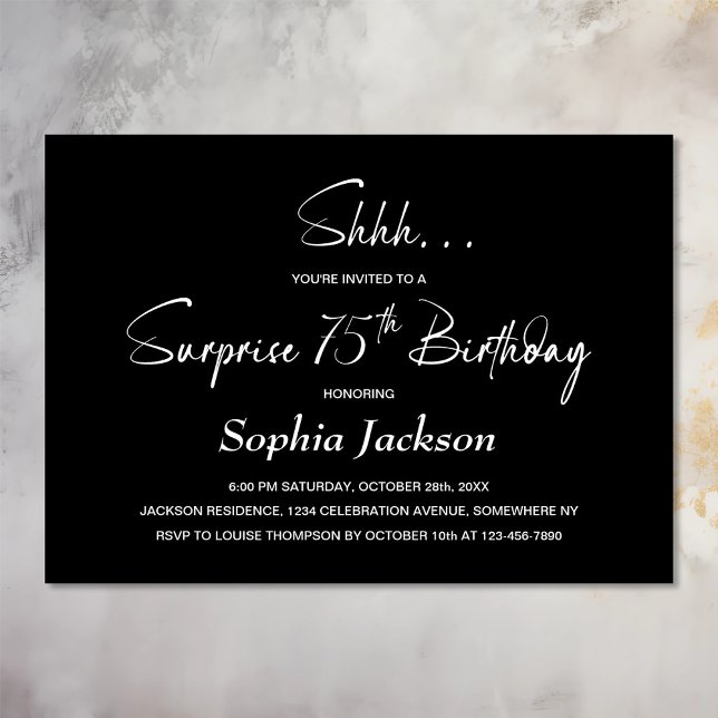 Modern Black Surprise 75th Birthday Party Invitation (Creator Uploaded)