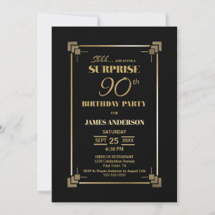 Modern Black Surprise 90th Birthday Party Invitation