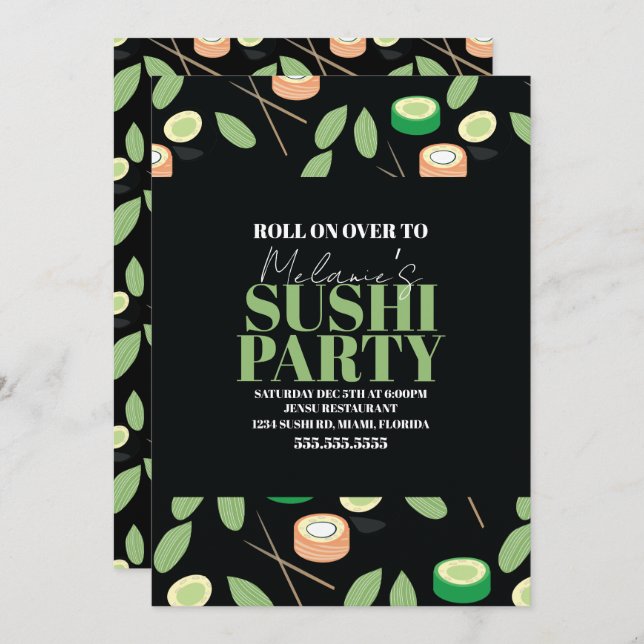 Modern Black Sushi Party Rolls Birthday Name Holiday Card (Front/Back)