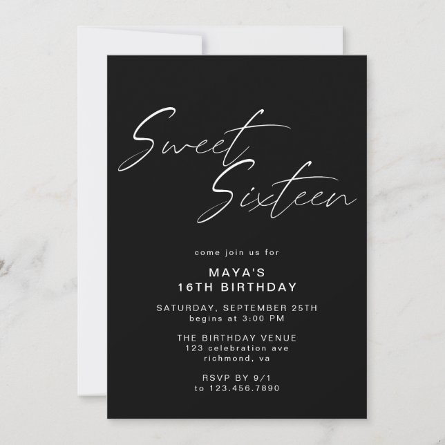  Modern Black Sweet Sixteen Elegant 16th Birthday Invitation (Front)