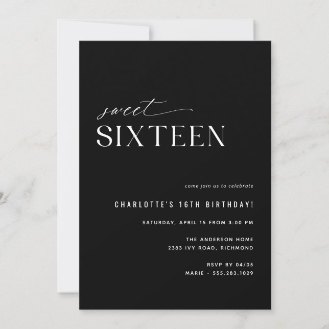 Modern Black Sweet Sixteen | Sleek 16th Birthday Invitation (Front)