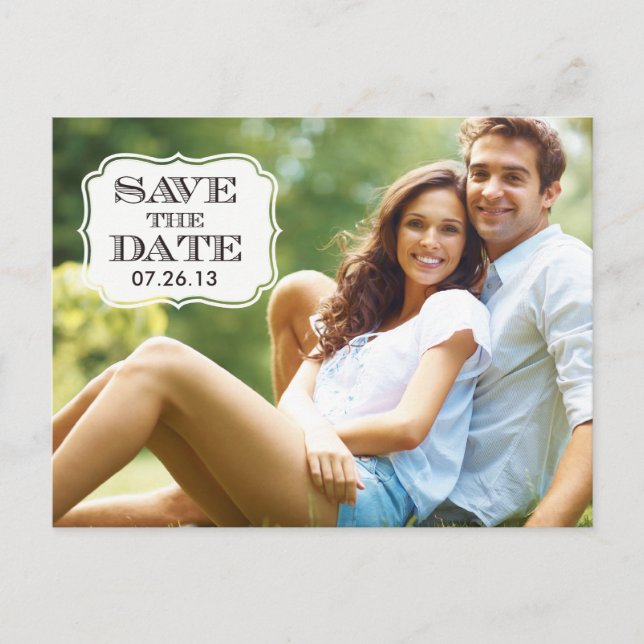 Modern Black Swirl Label Save the Date Photo Card (Front)