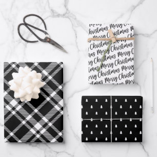 Modern Black Tartan Plaid Merry Christmas Wrapping Paper Sheet