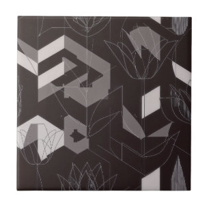 Modern Black Taupe Tulip Geometric Floral Pattern Tile