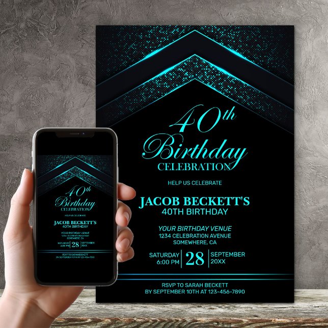 Modern Black Teal 40th Birthday Party Invitation (Creator Uploaded)
