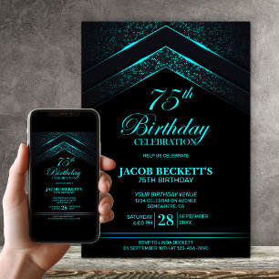 Modern Black Teal 75th Birthday Party Invitation
