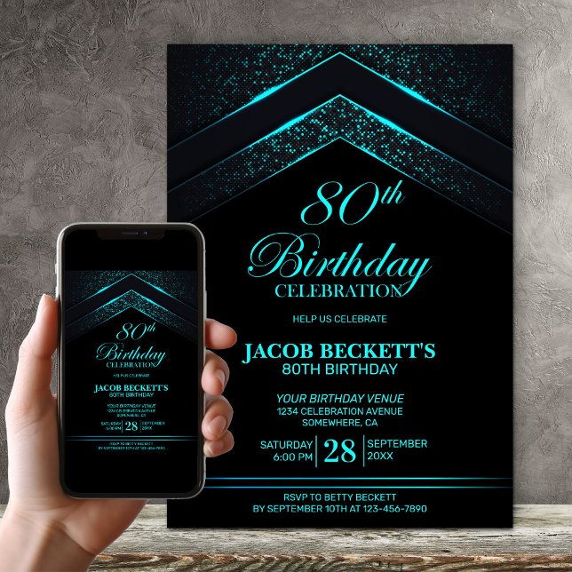 Modern Black Teal 80th Birthday Party Invitation (Creator Uploaded)