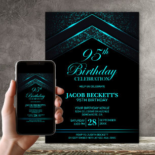 Modern Black Teal 95th Birthday Party Invitation