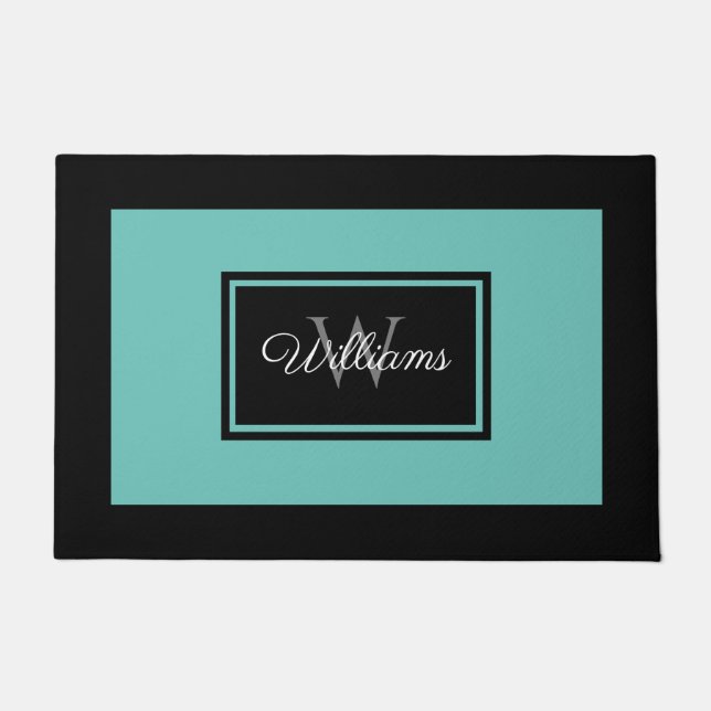 Modern Black Teal Family Monogram Personalised Doormat (Front)