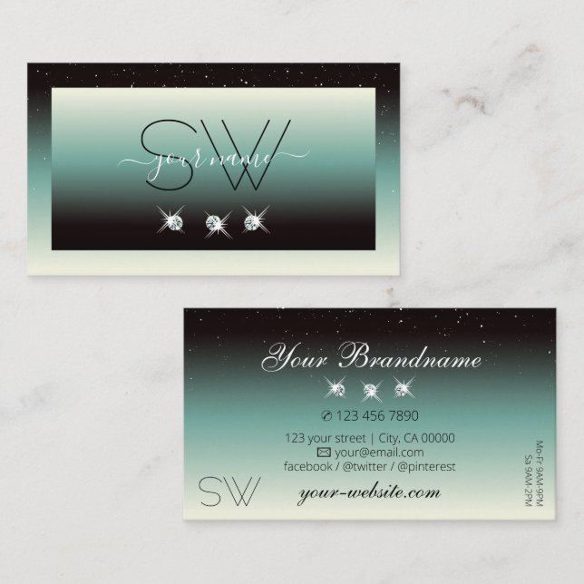 Modern Black Teal Gradient Sparkle Jewels Monogram Business Card (Front/Back)