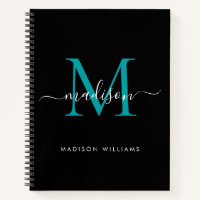 Modern Black Teal Green Girly Monogram Script Name