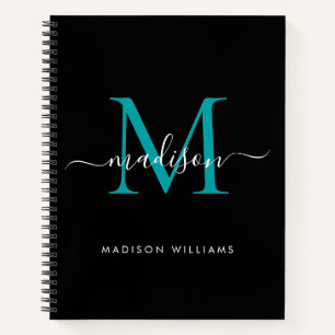 Modern Black Teal Green Girly Monogram Script Name Notebook