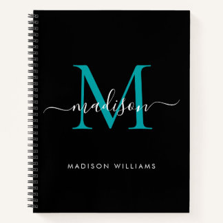 Modern Black Teal Green Girly Monogram Script Name Notebook