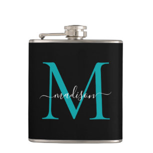 Modern Black Teal Green Monogram Girly Script Name Hip Flask